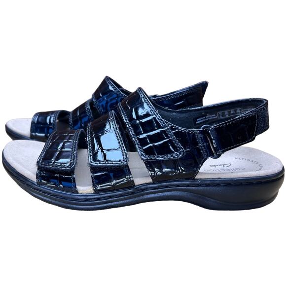 Clarks Leisa Melinds Sandals Size 5.5 Black Croc Hook & Loop Straps Comfort - Picture 4 of 9